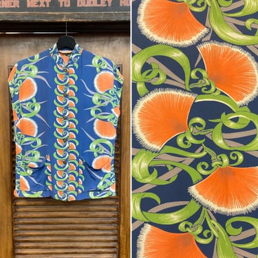 Vintage 1940’s Vertical Pattern Silky Rayon Tiki Tea-Timer Hawaiian Shirt Blouse Top, 40’s Vintage Clothing 