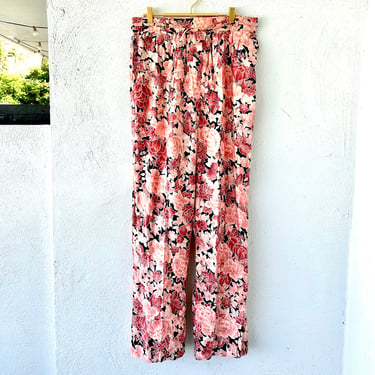 Vintage 70s Hawaiian Floral Wrap Pants // 1970s Hawaii Boho High Waisted Pink Pants 