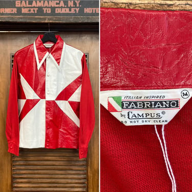 Vintage 1960’s “Campus” Red x White Mod Soul Colorblock Knit and Vinyl Shirt, 60’s Shirt Jacket, Vintage Clothing 
