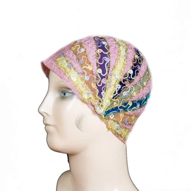 Vintage 1920s Cloche Hat ~ Pink with Rainbow Ribbon Chain Stitching and Gold Embroidery 