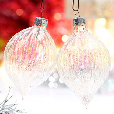 VINTAGE: 1980s - 2pc - Iridescent Glitter Blown Ornaments - Christmas - SKU 30-408-00032963 
