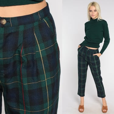 Plaid Trousers 90s Tapered Ankle Pants Navy Blue Tartan High Waist Rise Pants Mod Preppy Punk Retro Green Golf Vintage 1990s Small 27 