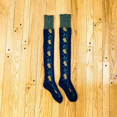 80s/90s Super Long Knit Floral Over the Knee Socks Navy Yellow Green 