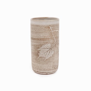 Peg Tootelian Ceramic Vase Cylinder Gray Leaf Leaves Tall Mid Century Modern 