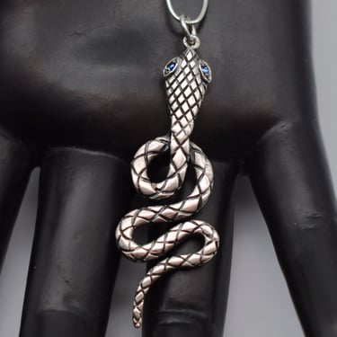 80's blue-eyed sterling goth snake pendant, edgy etched 925 silver serpent on snake chain necklace 