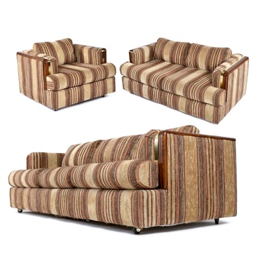 Post Modern Wood and Brass Accent Living Room Set Sofa Love Seat and Armchair 