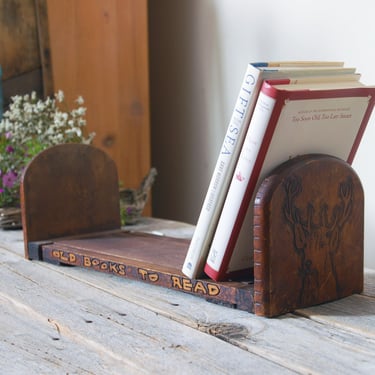 Wooden expandable book shelf / vintage wood folding book rack with deer / adjustable book shelf / pyrography wooden book rack 