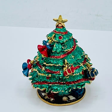 Christmas Tree Jewelry Trinket Ring Box with Hinged Magnet  Lid Enamel Jeweled Crystal attached Ornaments 