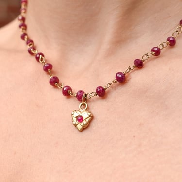 18K Ruby Rosary Chain Necklace With Ruby Heart Charm, Cute Pink Pendant Necklace, Victorian Revival, 16