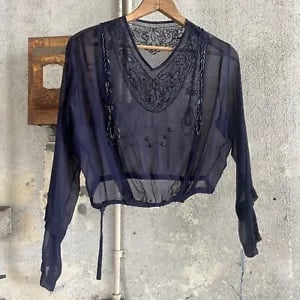 Antique Edwardian Navy Blue Silk Chiffon Blouse Embroidery Dress Top Vintage