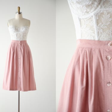 pink corduroy skirt | 80s 90s vintage blush pink cottagecore button down cotton knee length skirt 