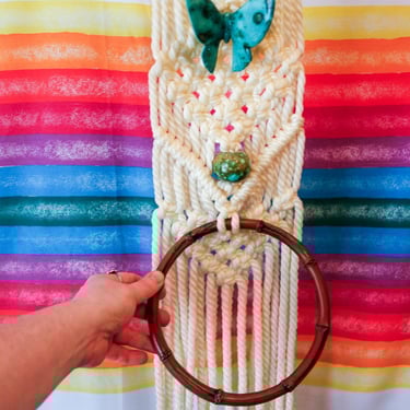 Vintage macrame towel hanger with teal ceramic butterfly bead, white and blue boho hippie 70s bathroom or kitchen decor, hand towel rack 