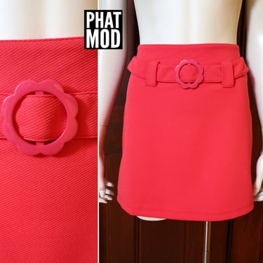 Super Cute Vintage 00s 90s Salmon Pink Mini Skirt with Flower Power Buckle 
