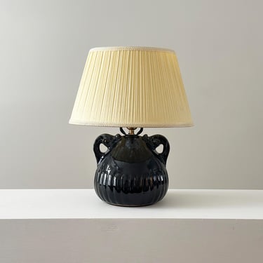 Vintage two arm blue-green table lamp with yellow lampshade 