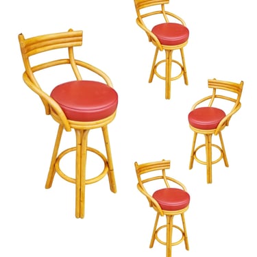 Restored Rattan Stacked Bar stools in Red, Set of 4 