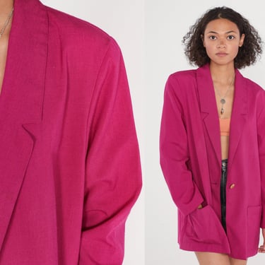 Fuchsia Pink Blazer 80s Button Up Blazer Jacket Retro Professional Power Shoulders Secretary Coat Oversized Blazer Vintage 1980s Medium M 