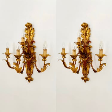 Set of 2 Gilded Italian Hollywood Regency Wall Lamps | 1970s 