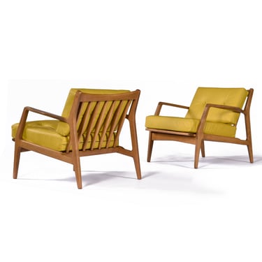 Restored Yellow Leather Ib Kofod-Larsen for Selig Mid-Century Modern Danish Lounge Chairs 