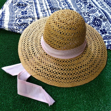 Vintage Raffia Straw Summer Hat with Neck Tie - Pink 