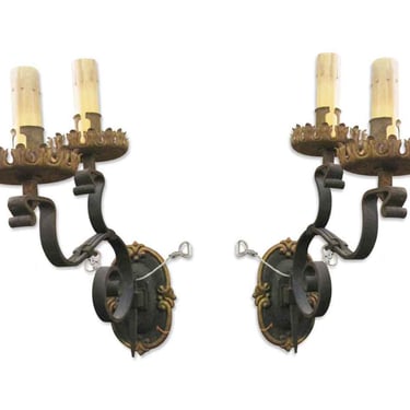 Pair of Tudor Two Arm Wrought Iron Wall Sconces