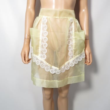 Vintage 50s Sheer Pastel Yellow Lacey Half Apron With Pockets Size One Size Fits Most 