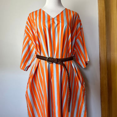 Marimekko long cotton kaftan shirt dress~ 100% cotton lightweight orange & blue stripes Minimalist  oversized swimsuit coverup/ 