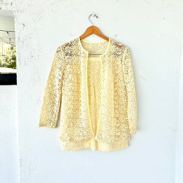 Vintage 60s Embroidered Lace Shirt Skirt Set Yellow Lace Cutout Cardigan Top Matching Pencil Skirt 