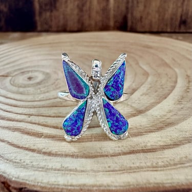 FLYING BUTTERFLY Opal and Silver Ring | Purple Iridescent Stone | Most Likely Navajo, Native American Southwestern Jewelry | Size 7, 7 1/2 