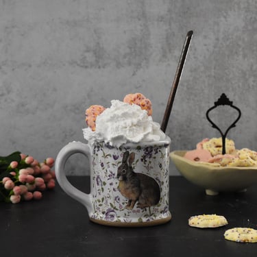 Spring bunny mug, rabbit lover gift, 16oz handmade mug, stoneware pottery coffee mug 