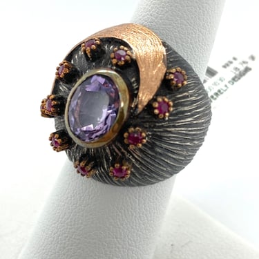 Artisan Abstract Amethyst Ruby & Oxidized Sterling Silver Dome Ring Sz 7.5 