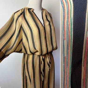 70’s sheer striped dress~ cinchable tied waist~ Camel with black colorful pinstripes ~Volup Plus sized boho vibes~ size 14-16 XXL 