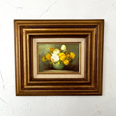Vintage Floral Oil Painting | Framed Oil Painting | Yellow Flowers Painting | Vintage Art | Original Art 