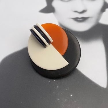 Art Deco Vintage Black & White with Orange  Bakelite Galalith Geometric Modernist brooch by BakeliteBa