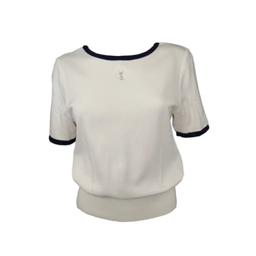 YSL White Knit Sequin Logo Short Sleeve