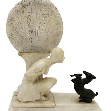 Hand Carved Art Deco Nude Flapper Girl Alabatser Table Lamp w/ Bronze Gazelle 