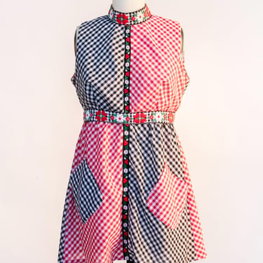 1960s Mini Dress Gingham Two Tone Color Block S P 