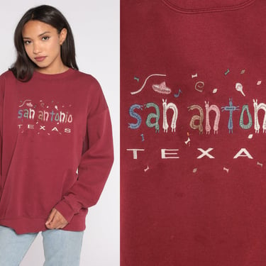 San Antonio Texas Sweatshirt 90s Burgundy Travel Slouchy Tourist City Graphic 1990s Crewneck Sweater Vintage Oneita Extra Large xl 