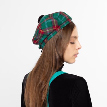 XS-Sm 70s Green & Red Plaid Wool Tam O' Shanter | Vintage Scottish Tartan Tam Pom Pom Beret 