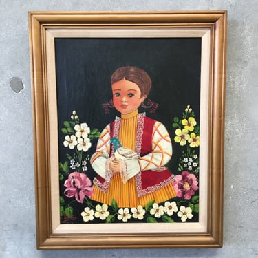 Oil Painting by Agapito Labios - Girl with Flowers &amp; Bird