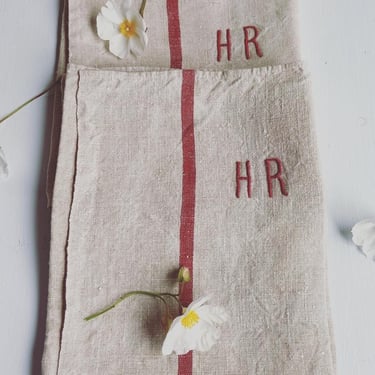 Beautiful set of 2 vintage French hemp tea towels with monogram HR 