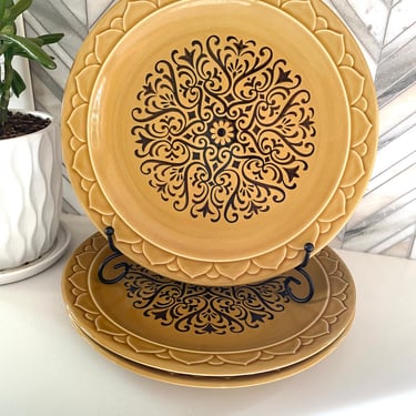 Golden Seville Genuine Stoneware Dinner Plates, Set of 2, Made in Japan, Gold Dark Brown, Pattern, Mid Century, Retro 70s 80s Plate 
