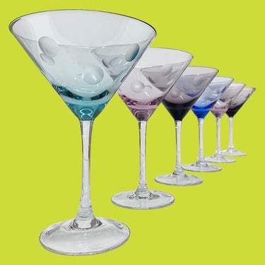 Vintage Waterford Crystal Martini Glasses Retro 2000s Contemporary + Marquis + Polka Dot + Assorted Colors + Set of 6 + Modern Glassware 