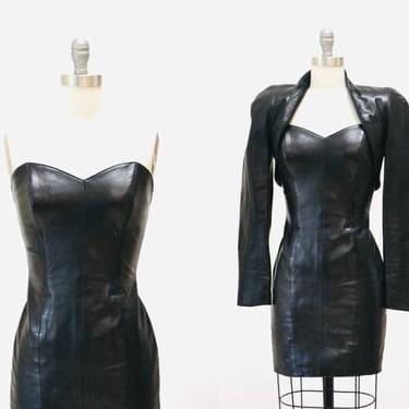 90s Vintage Black Leather Set Strapless Dress Jacket Vari Zioni// 90s Vintage Black Strapless Leather Dress XS Small Cropped Leather Jacket 