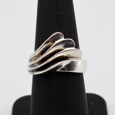 70's sterling size 7 asymmetrical Modernist waves ring, edgy tiered 925 silver abstract surfer ring 