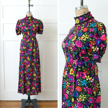 vintage 1970s psychedelic floral maxi dress • full length ruffle collar neon daisy dress 