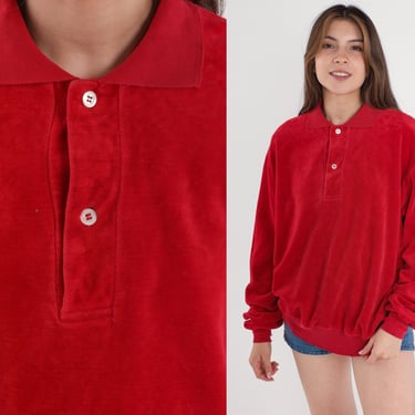 Velour Polo Sweatshirt 80s Red Collared Pullover Long Sleeve Shirt Retro Button Up Top Stranger Things Sweater 1980s Hipster Large xl 