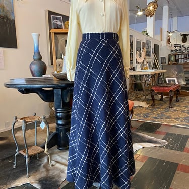 1970s maxi skirt, navy blue wool, vintage a-line skirt, windowpane plaid, x-small, mod style, high waist, late 1960s skirt, heavy, winter 