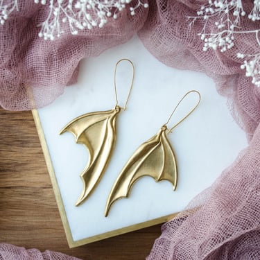 gold batwing earrings, large bat charm earrings, vintage brass earrings, gothic witchy Halloween spooky gift for her, statement earrings 