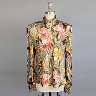 1980s Blouse /1980s Ellen Tracy Floral and Houndstooth Print Silk Satin Blouse / Size Medium Size Large 