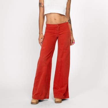 XS 70s Burnt Orange Low Rise Flared Pants | Vintage Boho Wide Leg Retro Trousers 